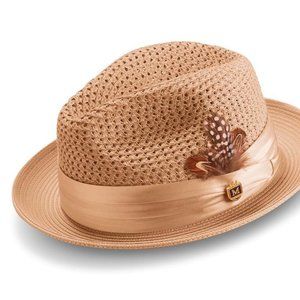 Montique TAN Color Pinch Braided Fedora With Matching Satin Ribbon H 34